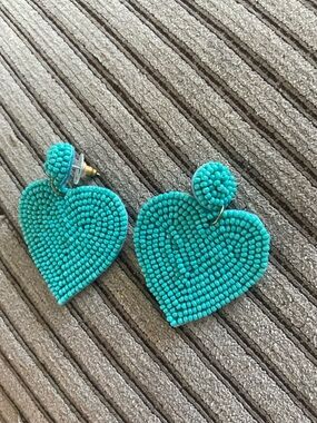 Turquoise Beaded Heart Drop Earrings